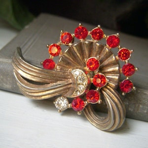 Vintage Bow Brooch, Red Rhinestones, Goldtone 1940's Pin,  Doubles as a Pendant, 1.8 Inch