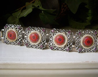 Vintage Moroccan Panel Bracelet, Large Link, Red and Faux Pearl, Mid Century Link Wide Panel