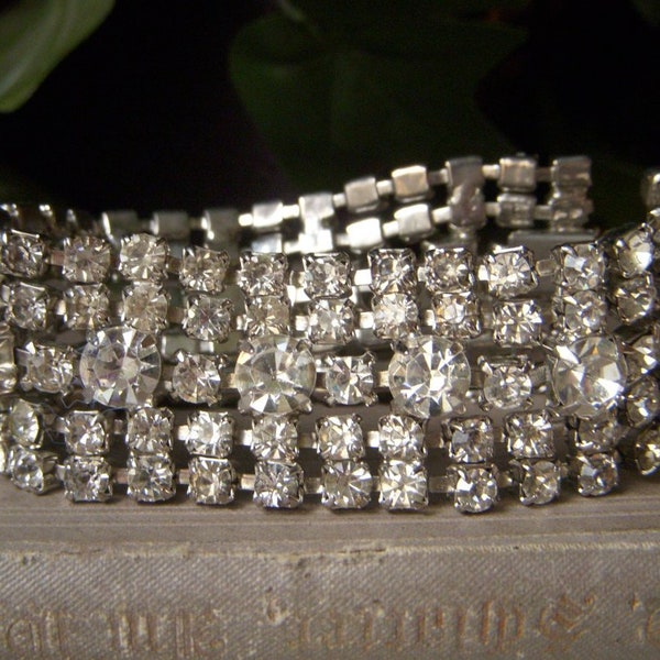 Vintage Wide Five Row Rhinestone Bracelet, 1 Inch Wide, Clear Rhinestone, Safety Chain, Prong-Set, 1950's or 60's, Great Shape