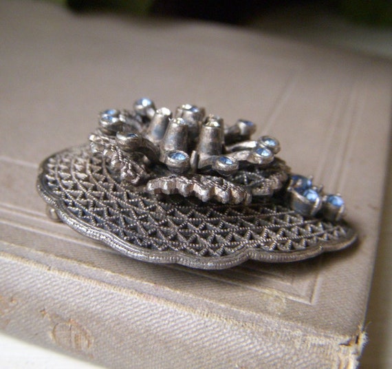 Antique Blue Rhinestone Dress Clip, Silver Fur Cl… - image 3