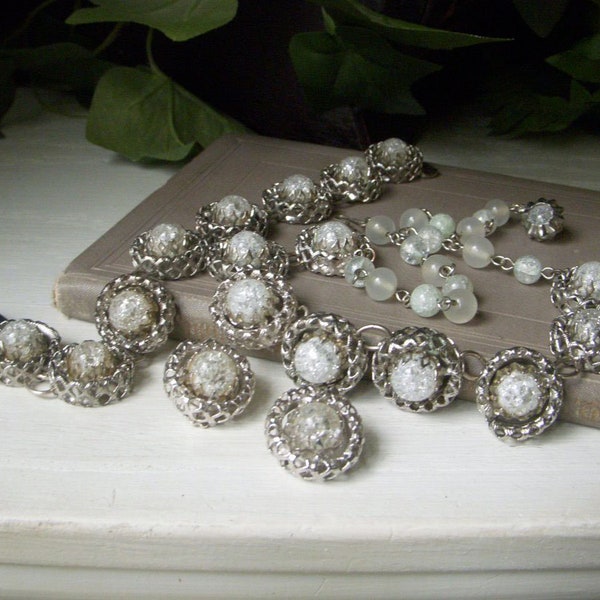 Vintage Parure Crackle Glass Jewelry Set, White Clear Glass Choker Necklace, Bracelet, Clip-on Earrings, 1950's Costume Jewelry