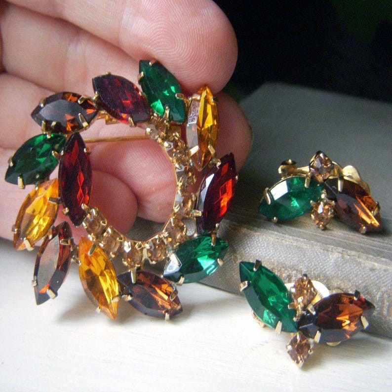 Vintage Fall Colors Rhinestone Leaf Brooch and Earrings, Topaz Rust ...