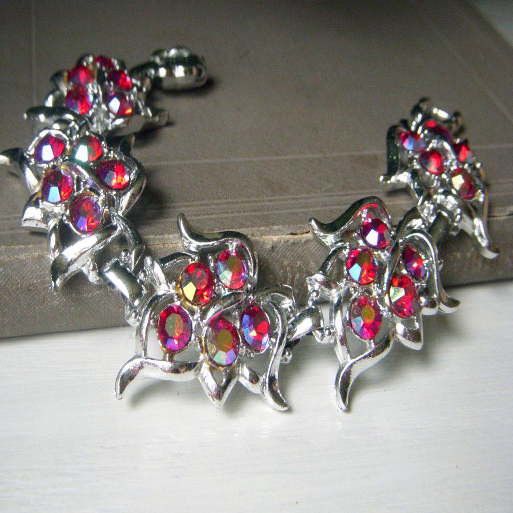 Sarah Coventry AB Rhinestone Bracelet, Red Grape Leaf Aurora