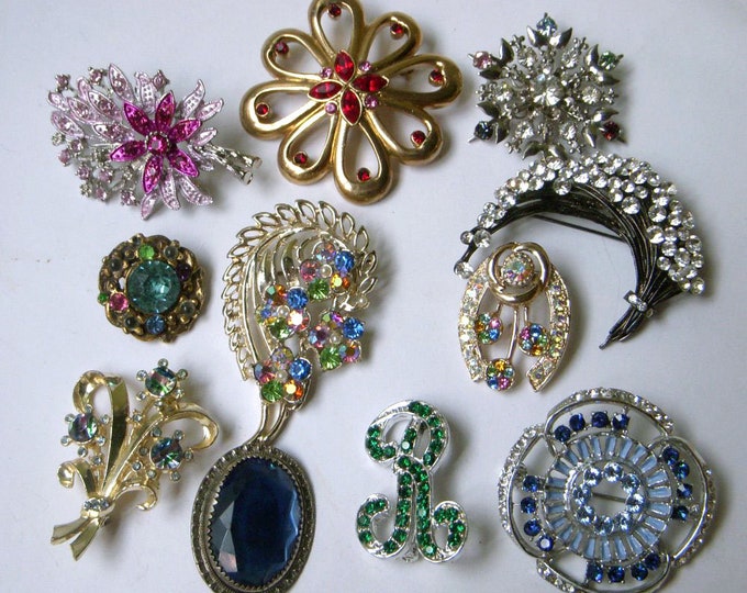 Large Lot of 11 Vintage Rhinestone Brooches, Mid Century, Great for