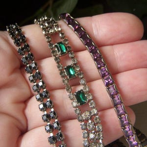 Vintage Rhinestone Bracelet Lot of 3, Prong Set Link Bracelets, Size Medium, Purple Green and Black Cup Chain
