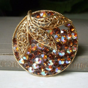 Vintage Topaz AB Rhinestone Floral Brooch Green Navette Gold Tone 2.25\