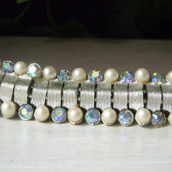 Vintage Coro Faux Pearl and Aqua AB Rhinestone Bracelet, Signed Coro, 1950's Silvertone 7.5 Inches, Mid Century Costume Jewelry