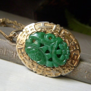 Vintage Jade Green Glass Necklace, Asian Theme, Carved Chinese Floral Cabochon, Oval Pendant Necklace 1960&#39;s