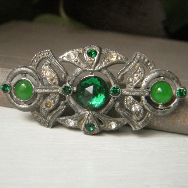 Antique Pot Metal Brooch, Green Rhinestone Pin, C Clasp, Victorian Pin