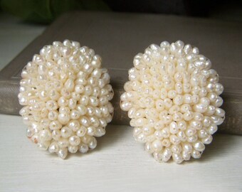 Vintage Genuine Seed Pearl Earrings, Creamy White Oval Clip Ons, Tiny Beaded Real Pearl 1.5 Inch