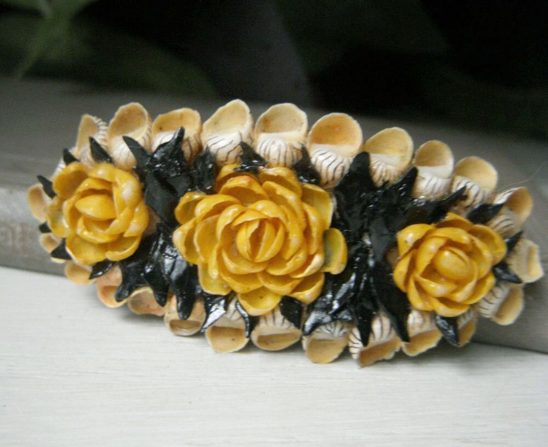 Vintage Shark Tooth and Real Shell Brooch, Floral Seashell Pin, Large ...