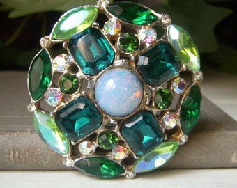 Vintage Blue and Green Rhinestone Brooch, Circle 2.1 Inch AB Aurora Borealis Floral, Large Gorgeous Rhinestone and Art Glass Pin
