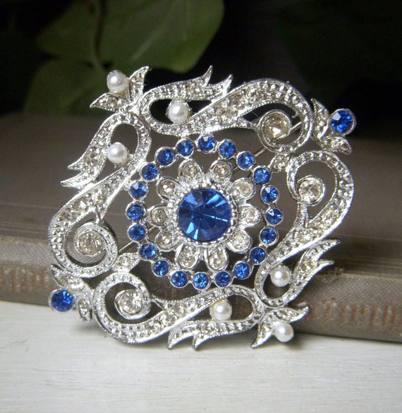 Vintage Sapphire Blue Rhinestone Brooch, Large 2.… - image 1