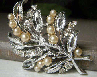 Vintage Clear Rhinestone and Faux Pearl Brooch, Floral Leaf Silvertone Pin, Mid Century Costume Jewelry, Great Condition