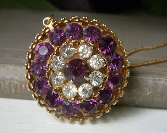 Vintage Coro Pegasus Purple Pendant Necklace, Amethyst Rhinestone, Stacked Layered Goldtone Pendant, Crown Bezel Setting, Round Circle Coro