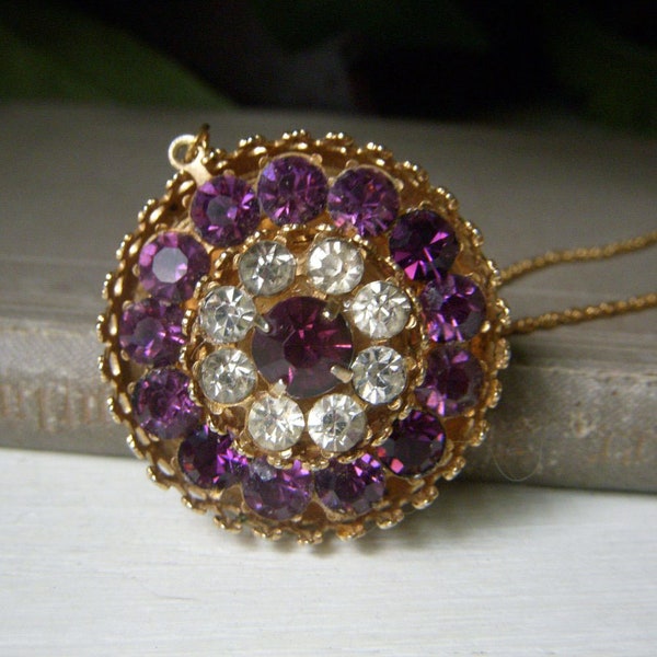 Vintage Coro Pegasus Purple Pendant Necklace, Amethyst Rhinestone, Stacked Layered Goldtone Pendant, Crown Bezel Setting, Round Circle Coro