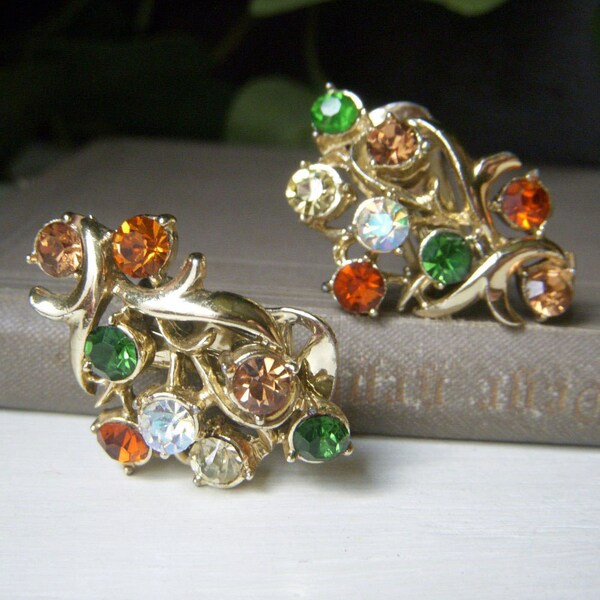 Vintage Topaz and Green Rhinestone Clip-on Earrings, Warm Tones, Fall Autumn Colors, Vibrant Floral Mid Century Clips