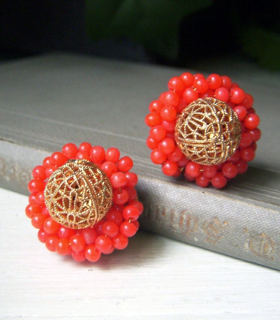 Vintage Castlecliff Red Cluster Earrings, Beaded … - image 1