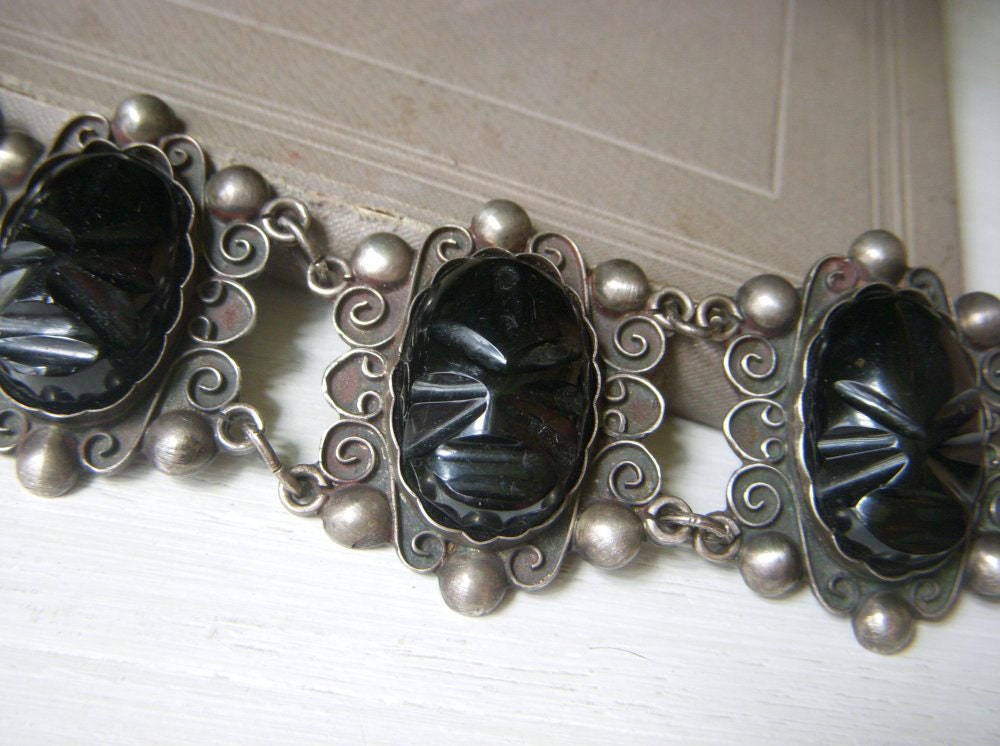 【送料無料】スターリングシルバー☆AZTEC 国内配送！ Vintage Mexico Aztec Bracelet, Sterling Silver, Black Onyx