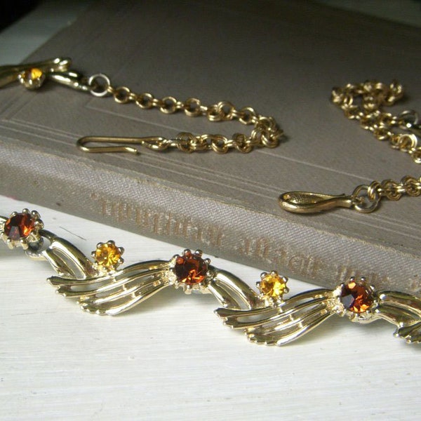 Vintage Coro Pegasus Floral Necklace, Topaz Rhinestone, 1950's Goldtone Link Necklace, Brown and Yellow Rhinestone