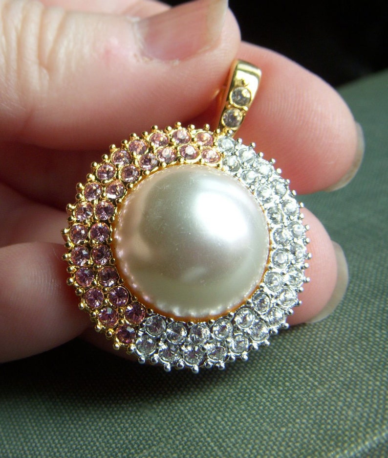 Gorgeous Vintage Signed Nolan Miller Pendant Pink and Clear Rhinestone Pendant Only Large Faux Pearl and Rhinestone Pendant