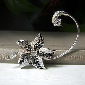 Vintage Boucher Floral Ear Cuff, Single Marcel Boucher Flower #3508, Clear Rhinestone Ear Wrap, Designer Signed Mid Century
