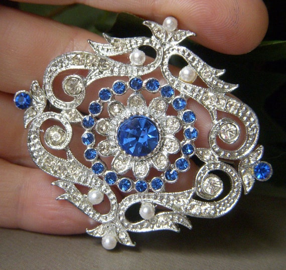 Vintage Sapphire Blue Rhinestone Brooch, Large 2.… - image 3