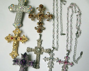 Vintage Lot of 7 Christian Religious Crosses, Brooch Cross Rhinestone Necklace Pendants, Dealer's Lot