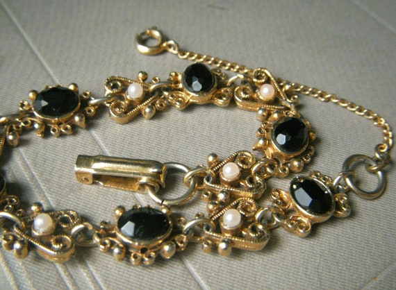 Vintage Florenza Bracelet, Black Rhinestone and F… - image 3