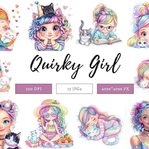 Girl With Kitten Clipart, Quirky Girl Clipart, Girl With Cat Clipart, Quirky Girl png, Whimsical Girl Clipart, Curli Hair Girl Clipart png