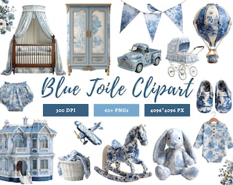 Watercolor Blue Toile Clipart Bundle, Toile Nursery Clipart, Chinoiserie Clipart, Chinoiserie png, French Baby Shower Clipart, Toile De Jouy
