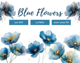 15 Abstract Flower Clipart, Watercolor Flower Bundle png, Blue Flower Clipart, Abstract Flower png, High Quality Flower png, Paper Craft