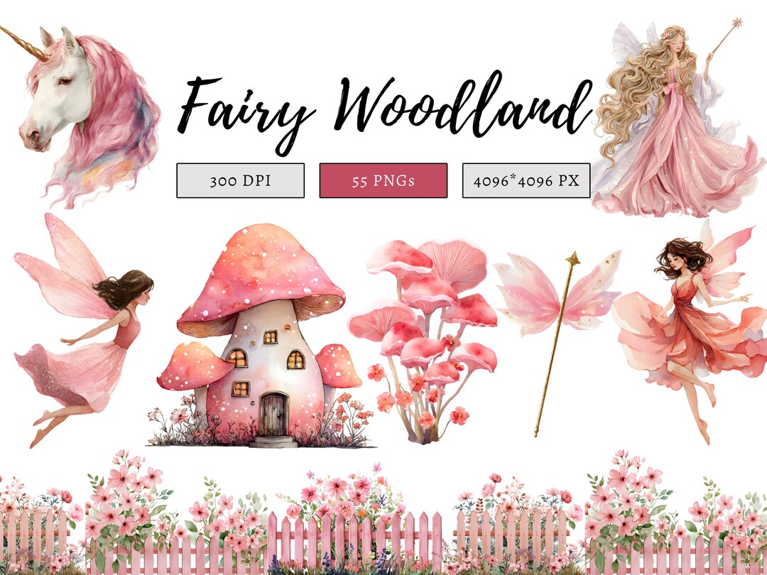 Pink Woodland Fairy Clipart Bundle, Cute Watercolor Fairies PNG, Pastel ...