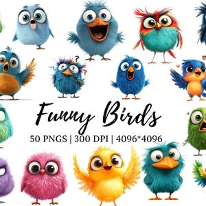 Pacote de clipart de 50 pássaros engraçados png, clipart de pássaros peculiares, clipart de pássaros caprichosos, clipart de pássaros fofos, clipart de pássaros em aquarela png