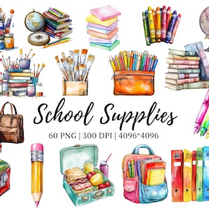 Clipart de acuarela de útiles escolares, clipart de regreso a la escuela, paquete de png escolares, png de útiles escolares, clipart de papelería escolar
