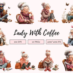 Paquete de imágenes prediseñadas de anciana, divertida anciana con café, imágenes prediseñadas de café, imágenes prediseñadas de amante del café, señora mayor bebiendo café