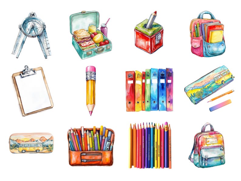 watercolor clipart
back to school png
school supplies png
teachers clipart set
stationary clipart
retro school clipart
school bus clipart
pastel school png
kids craft and art
cute school supplies
cute classroom png
cute school sticker
school graphics
