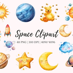 Paquete de imágenes prediseñadas del espacio png, imágenes prediseñadas de acuarela del espacio para decoración, lindo astronauta png, imágenes prediseñadas de planetas png, paquete de espacio exterior y galaxia png