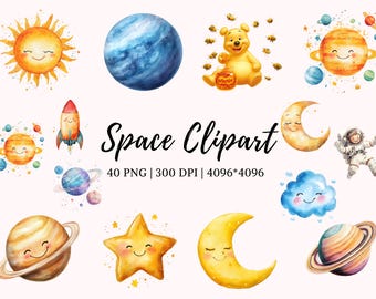 Paquete de imágenes prediseñadas del espacio png, imágenes prediseñadas de acuarela del espacio para decoración, lindo astronauta png, imágenes prediseñadas de planetas png, paquete de espacio exterior y galaxia png