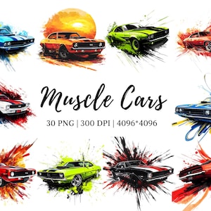May include: A collection of 10 digital illustrations of classic muscle cars in various colors, each with a watercolor-style background. The cars are all in a similar style, with a sleek, sporty design. The illustrations are perfect for use in digital scrapbooking, card making, or other creative projects.