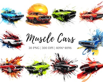 Imágenes prediseñadas de Muscle Car en acuarela, imágenes prediseñadas de automóviles png, imágenes prediseñadas de Muscle Car clásicos, autos americanos antiguos png, autos de carrera png, descarga digital