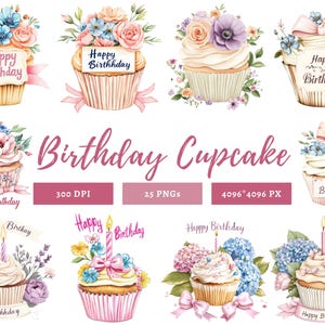 Watercolor Birthday Cupcake Clipart Bundle, Happy Birthday Clipart, Birthday Clipart png, Cupcake Clipart, Birthday Graphics, Cupcake png