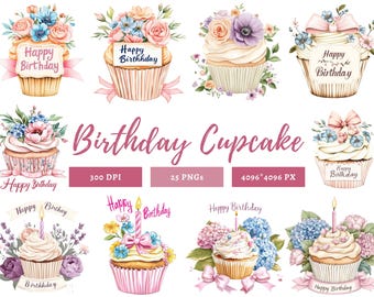 Aquarel verjaardag cupcake clipartbundel, gelukkige verjaardag clipart, verjaardag clipart png, cupcake clipart, verjaardagsgraphics, cupcake png