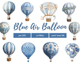Pacchetto di clipart di mongolfiere blu, png di mongolfiere acquerellate, png di mongolfiere pastello, clipart di mongolfiere, decorazioni per baby shower