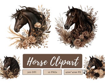 Horse Clipart png Bundle, Brown Boho Floral Horse Clipart, Floral Horse png, Watercolor HFloral Horse png, Boho Flower png, Digital Download