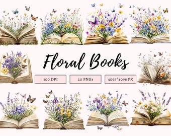 Watercolor Wildflower Book Clipart png Bundle, Floral Book Clipart, Book Flowers Clipart, Book Lover Clipart, Boho Book Clipart