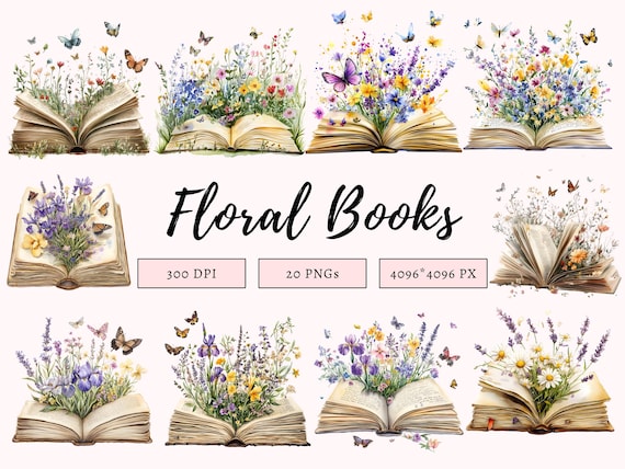 Watercolor Wildflower Book Clipart png Bundle, Floral Book Clipart, Book Flowers Clipart, Book Lover Clipart, Boho Book Clipart