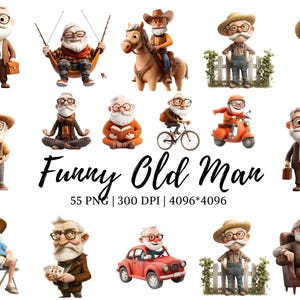 Puede incluir: Una colección de 55 ilustraciones de dibujos animados de hombres mayores divertidos en varias poses y escenarios. Las ilustraciones están en un estilo de dibujos animados colorido y presentan una variedad de personajes, incluyendo un hombre montando un caballo, un hombre tocando una guitarra y un hombre sentado en un banco. Las ilustraciones son perfectas para agregar un toque de humor a cualquier proyecto.