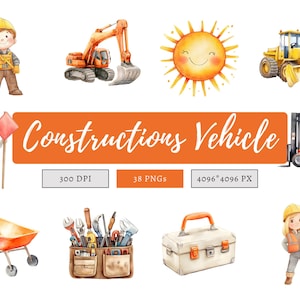 Pacote de clipart de veículos de construção png, clipart de construção em aquarela, clipart de veículos, decoração de berçário, decoração de festa, download instantâneo