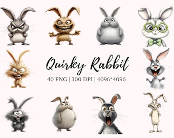 Quirky Rabbit Clipart png Bundle, Funny Rabbit Clipart, Funny Bunny Clipart, Bunny Clipart, Whimsical Bunny Clipart png, Bunnies Clipart